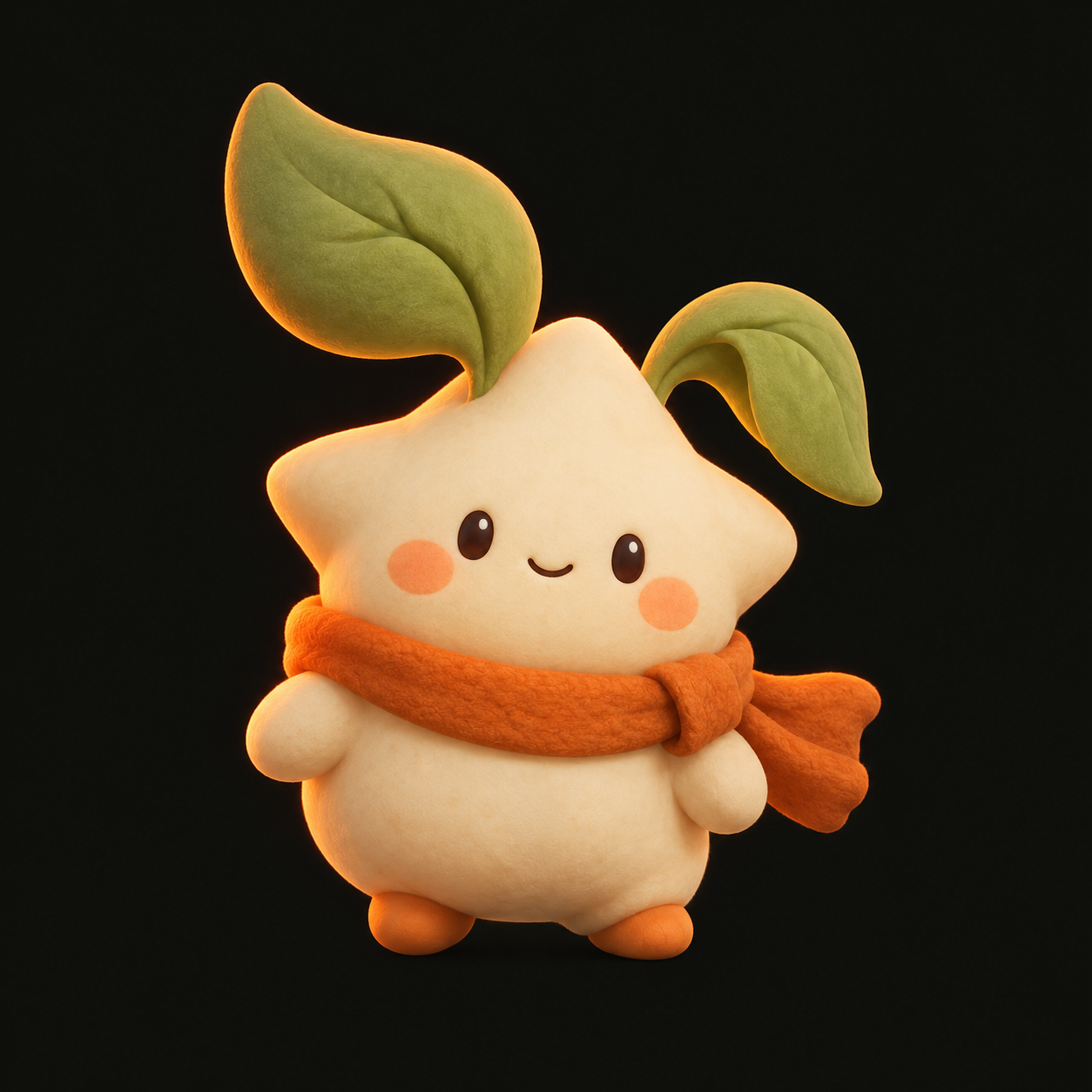 Sprig, a cream sprout companion with leafy ears and a tiny orange scarf
